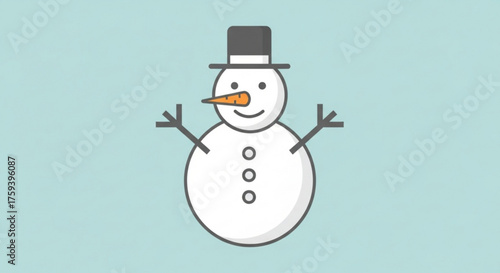 A simple snowman illustration with a gray hat, carrot nose, and stick arms against a light blue background for winter theme