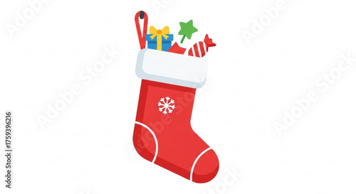 A red christmas stocking full of gifts, including a star, candy cane, and wrapped present for the holidays
