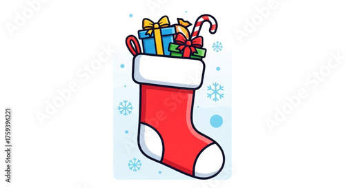 Illustration of a christmas stocking filled with gifts and a candy cane, a symbol of holiday cheer and generosity