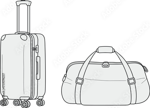Travel luggage vector illustration, wheeled suitcase and duffel bag, isolated flat design, cad drawing, modern travel gear, accessory iconsTravel luggage vector illustration, 