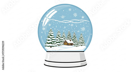 A snow globe with a winter scene inside, featuring snowcovered trees and a cozy cabin for a festive holiday
