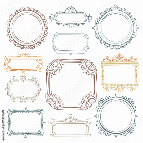 Hand drawn ink vintage frames. Stamp or letter mark frames for greeting cards