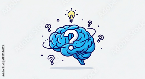 A brain surrounded by question marks and a light bulb, symbolizing problemsolving, ideas, and intelligence