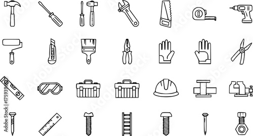 Hand Tools and Construction Equipment Line Art Icons Set. A collection of essential DIY and building instruments in black and white outline style.