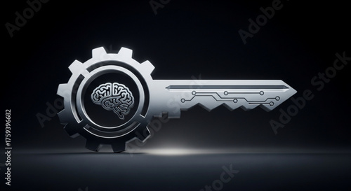 A futuristic key with a brain inside a gear, representing artificial intelligence, innovation, and technological advancement on dark background