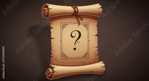 A mysterious scroll with a question mark, symbolizing uncertainty, curiosity, and the search for answers on a dark background
