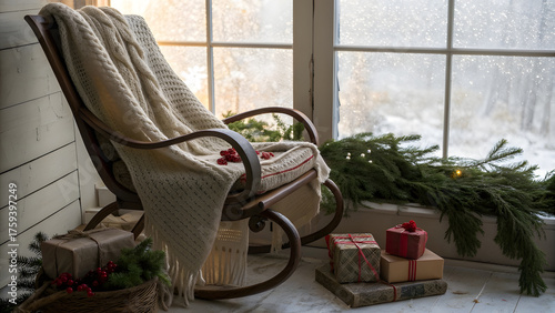 Nostalgic Rocking Chair by Frosted Window with Presents and Pine. Perfect for: Holiday lifestyle imagery, Christmas nostalgia branding, winter mood boards