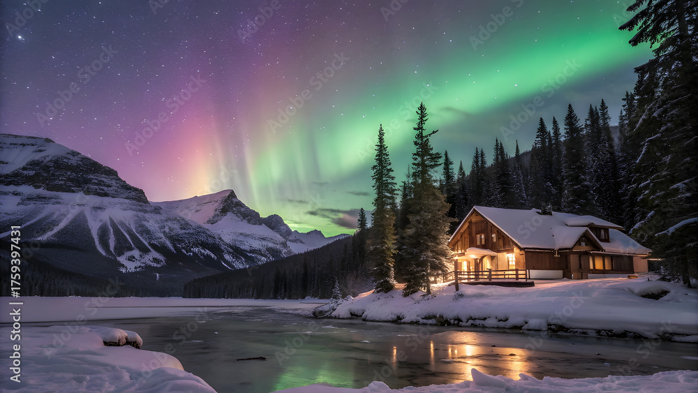 Fototapeta premium Aurora Over Snowy Cabin Winter Night Scene. Perfect for: Travel posters, Christmas fantasy art, winter adventure stock