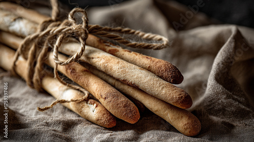 A close up shot of a bundle of grissini breadsticks tied with twine on a textured linen cloth
