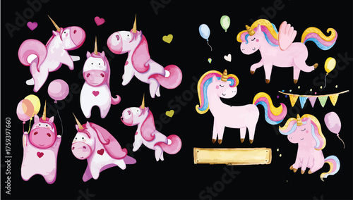 Cute Watercolor Unicorn Illustrations – Pastel Fantasy Horses with Golden Horns and Colorful Manes