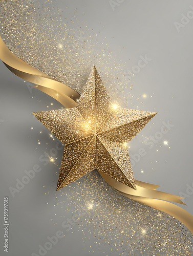 Golden glitter star with sparkling particles and ribbon on gray background, luxury festive decoration