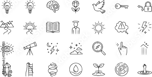 Abstract doodle line art icons set: ideas, nature, spirituality, growth, knowledge, and problem-solving concepts. Hand-drawn vector collection for web  print.