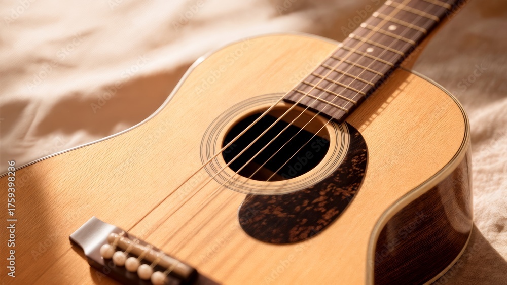 Obraz premium Acoustic Guitar Close-up with Warm Natural Light for Music Production and Creative Content