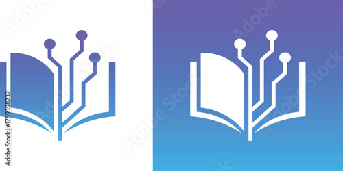 A modern logo combining an open book and electronic circuit, symbolizing technology, knowledge, and digital learning. 