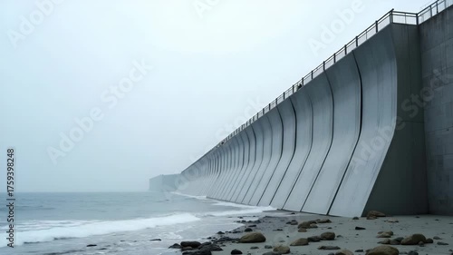 Close?up view of reinforced tsunami barrier wall with energy?absorbing panels and access walkway under gray sky symbolizing engineered coastal defense system in  Photo Stock  Concept  and empty space 