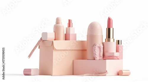 Minimalist display of pink cosmetic products and makeup essentials on a clean white background.