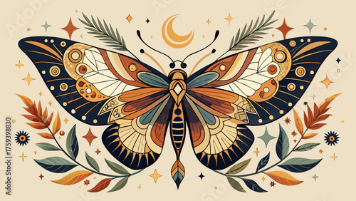 Very beautiful boho butterfly and mystical moth illustrations adorned with moons, stars, crescents, and geometric celestial patterns on a soft cream background — elegant spiritual nature designs evoki