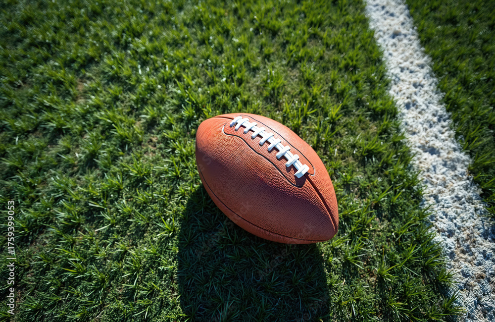 Obraz premium Brown leather American football rests on green grass field beside white boundary line. Sun shines on the sports equipment for game day action.