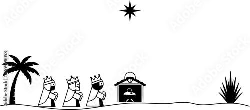 Three Wise Men (Magi) following the Star of Bethlehem to the Nativity scene, with a palm tree and desert bush, in a simple black and white vector illustration.