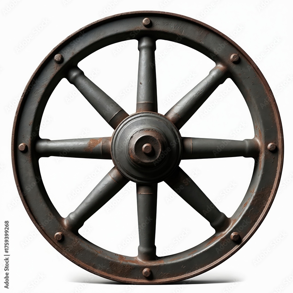 Fototapeta premium Old metal wagon wheel stands alone. Rustic dark gray wheel shows brown rust, bolts, spokes. Vintage farm cart part, decorative element from past times. Heavy cast iron artifact, symbol of strength,