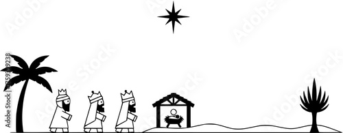 Three Wise Men (Magi) following the Star of Bethlehem to the Nativity scene with baby Jesus in a stable, featuring desert landscape and palm trees, simple black and white silhouette.