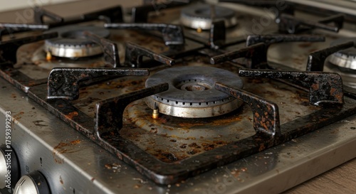 Dirty Gas Stove with Grease Stains and Burnt Residue 