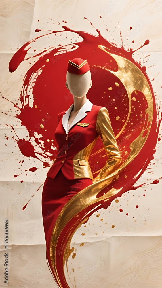 Fototapeta premium Abstract Female Profession with Costume Series : Flight Attendant, in magnificent Red and Gold Paper Ink Background with Faceless Model 002