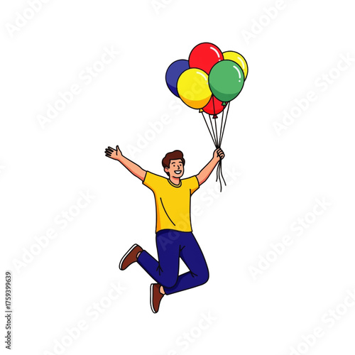 A joyful man in a yellow shirt jumping in the air, holding a bunch of colorful balloons with his arms outstretched in celebration.