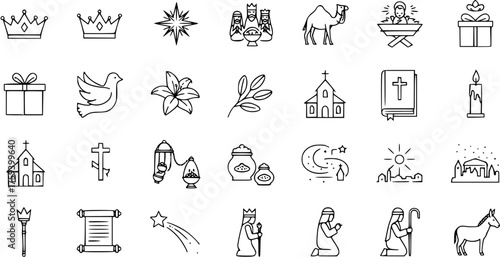 Set of Christian and Christmas outline icons, including Nativity scene elements, religious symbols like cross, bible, church, and holiday elements like gifts, stars, and candles.