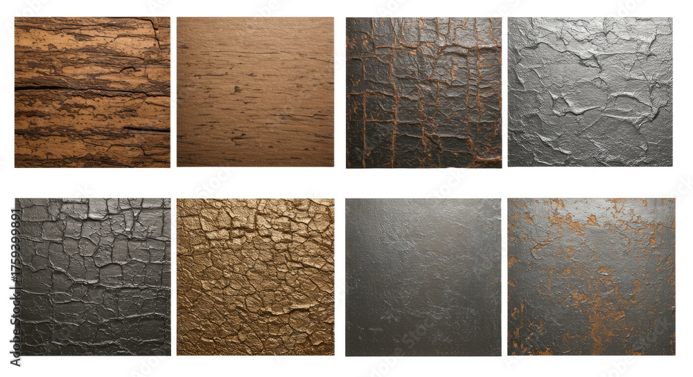 Fototapeta premium Collection of textured background surfaces with various cracked and weathered patterns in neutral tones, perfect for design projects and artistic backgrounds