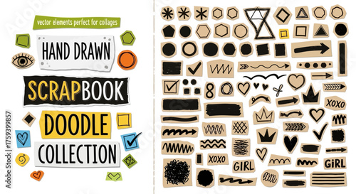 Extensive collection of hand-drawn ink doodles, brush stroke shapes, and scrapbook design elements