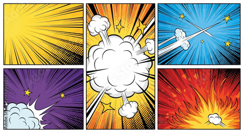 A set of six colorful comic book action backgrounds with pop art explosions, dynamic speed lines, and cartoon blast effects