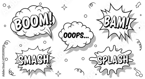 A collection of hand-drawn comic book sound effects and onomatopoeia speech bubbles like Boom, Bam, and Smash in a retro doodle style