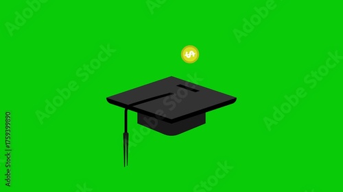 4K animated graduation cap with a coin appearing from the top, symbolizing education savings, student finance, scholarship, tuition fund, and investment in academic success and knowledge.