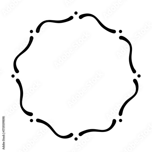 点と波線が交互に繋がった抽象的な模様の丸いフレーム素材。手書きのあしらい枠のベクターイラスト