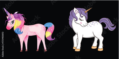 Cute Watercolor Unicorn Illustrations – Pastel Fantasy Horses with Golden Horns and Colorful Manes