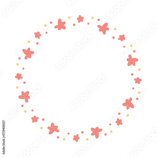 小さいピンクの花の丸いフレーム素材。手書きのあしらい枠のベクターイラスト