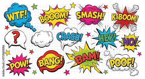 A colorful set of pop art comic book sound effects, cartoon speech bubbles, and action exclamations