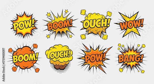 Vector illustration set of cartoon comic book explosions and sound effect bubbles with onomatopoeia words like pow and boom