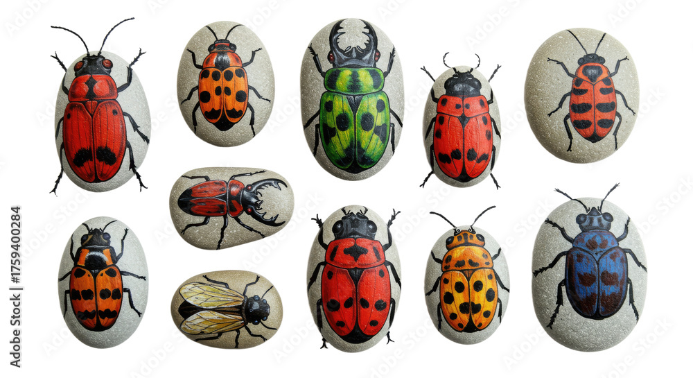 Fototapeta premium Collection of various colorful beetle specimens pinned on display board, including ladybugs and other insects, perfect for entomology study