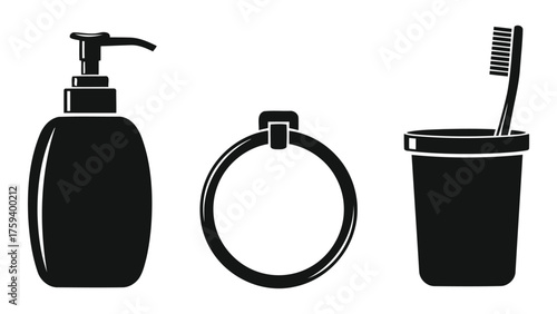 Bathroom essentials including a soap dispenser, towel ring, and toothbrush holder isolated on white background