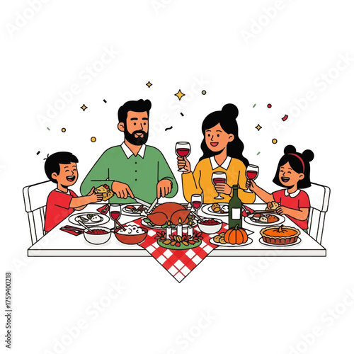 A family of four enjoying a festive meal together with wine and celebration decorations on a table with a red and white checkered tablecloth.