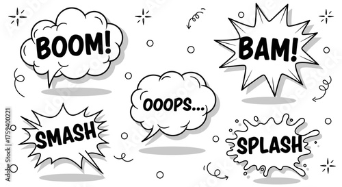 Hand-drawn set of comic book onomatopoeia speech bubbles and sound effect text clouds in a pop art cartoon style cs(34)