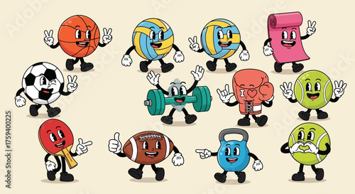 A vibrant collection of retro cartoon sports equipment characters. Funny athletic mascots and balls with happy faces for fitness designs