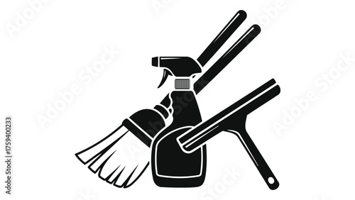 Black and white illustration of cleaning supplies including spray bottle, brush, squeegee, and mop isolated on white background