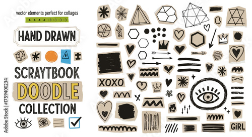 A versatile collection of hand-drawn scrapbook doodle elements, featuring abstract shapes, symbols, and textures for creative collage projects