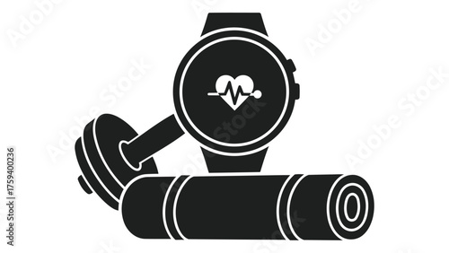 Fitness equipment including a dumbbell, yoga mat, and smartwatch isolated on white background to promote a healthy lifestyle