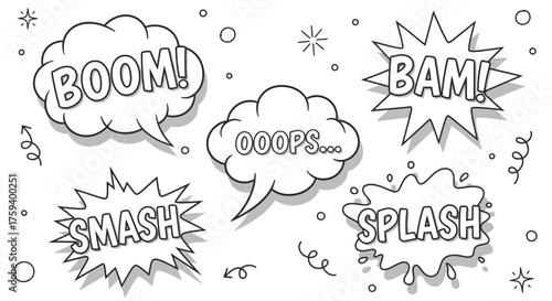 Hand-drawn comic book sound effects set. Doodle style speech bubbles with onomatopoeia words like Boom, Bam, and Oops