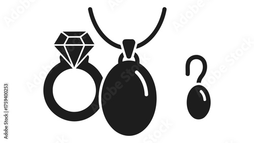 Elegant jewelry set featuring a diamond ring, pendant necklace, and earring isolated on white background