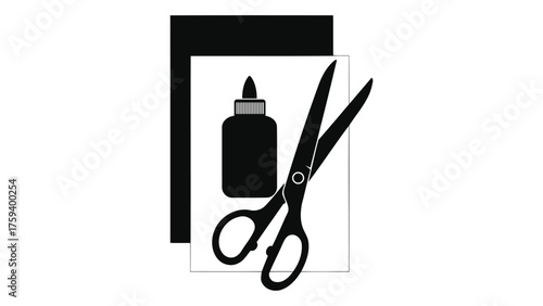 Crafting icon isolated on white background showing scissors, glue, and paper, representing arts and crafts activities